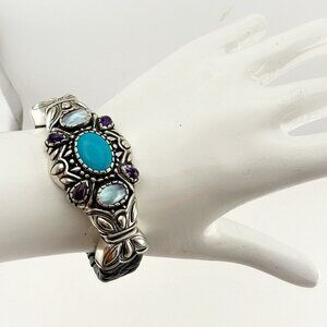 Carolyn Pollack Bracelet Cuff Turquoise Amethyst Pearl Leather Sterling Silver
